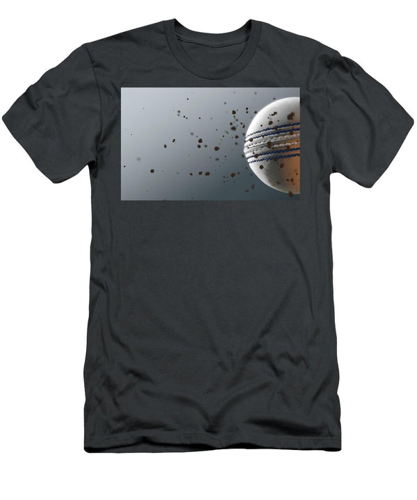 1 a Dirty White Leather Cricket Ball Caught in Slow Motion Flying Through the Air Scattering Dirt Part Allan Swart T-Shirt