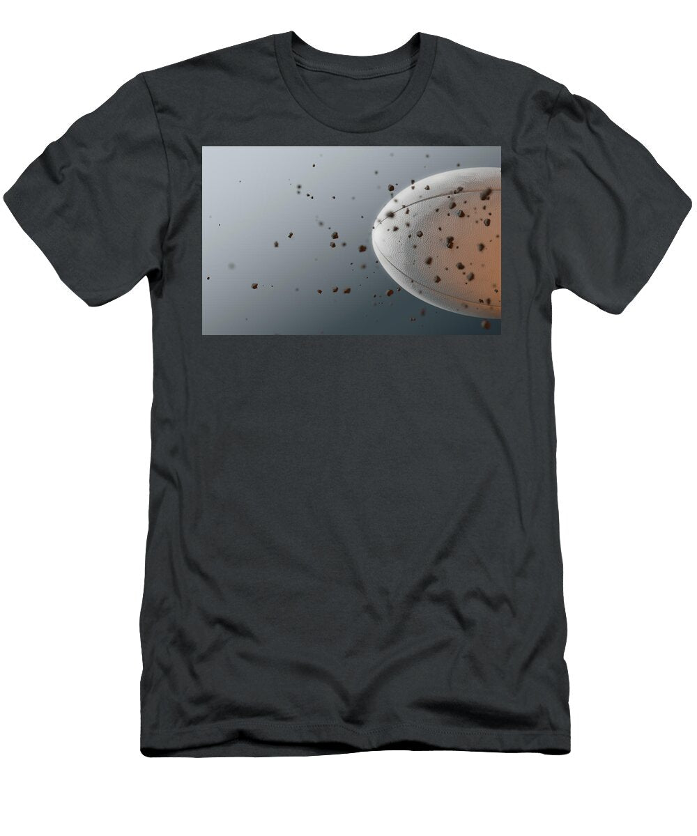 1 a Dirty White Rugby Ball Caught in Slow Motion Flying Through the Air Scattering Dirt Particles in I Allan Swart T-Shirt