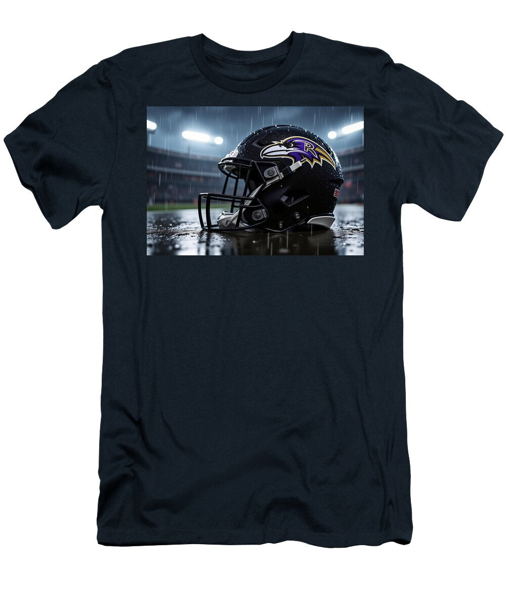 1 Baltimore Ravens Football Helmet in Rain Kevin Walker and Pixel Reverie T-Shirt