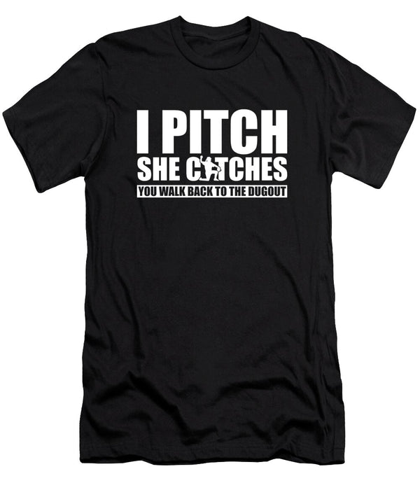 1 I Pitch She Catches Batter Catcher Softball Pitcher Crazy Squirrel T-Shirt