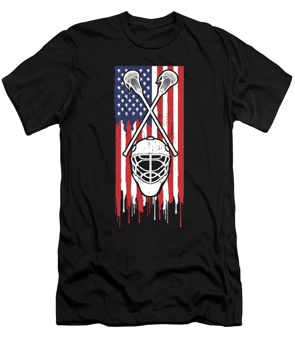 1 Lacrosse Fan Gift Lacrosse Sticks Lacrosse Helmet on American Flag Lacrosse Kanig Designs T-Shirt