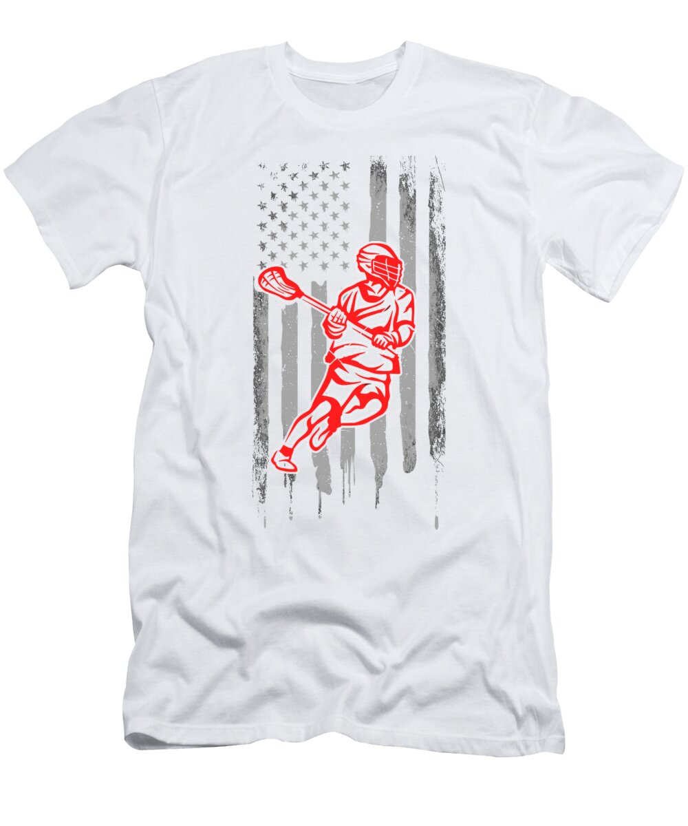 1 Lacrosse Gift Lacrosse Player on American Flag Lacrosse Player Kanig Designs T-Shirt