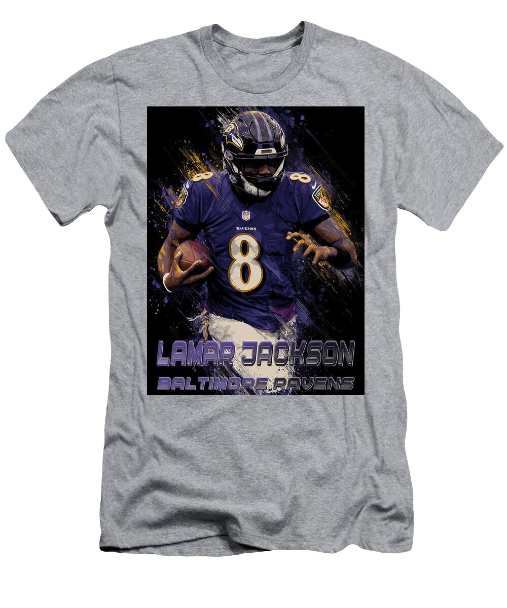 1 Lamar Jackson in Ravens Uniform Kevin Walker and Pixel Reverie T-Shirt