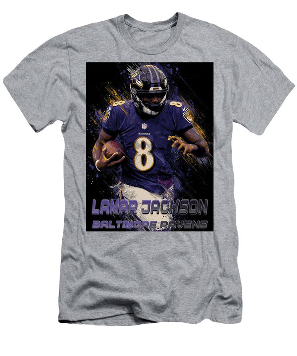 1 Lamar Jackson in Ravens Uniform Kevin Walker and Pixel Reverie T-Shirt