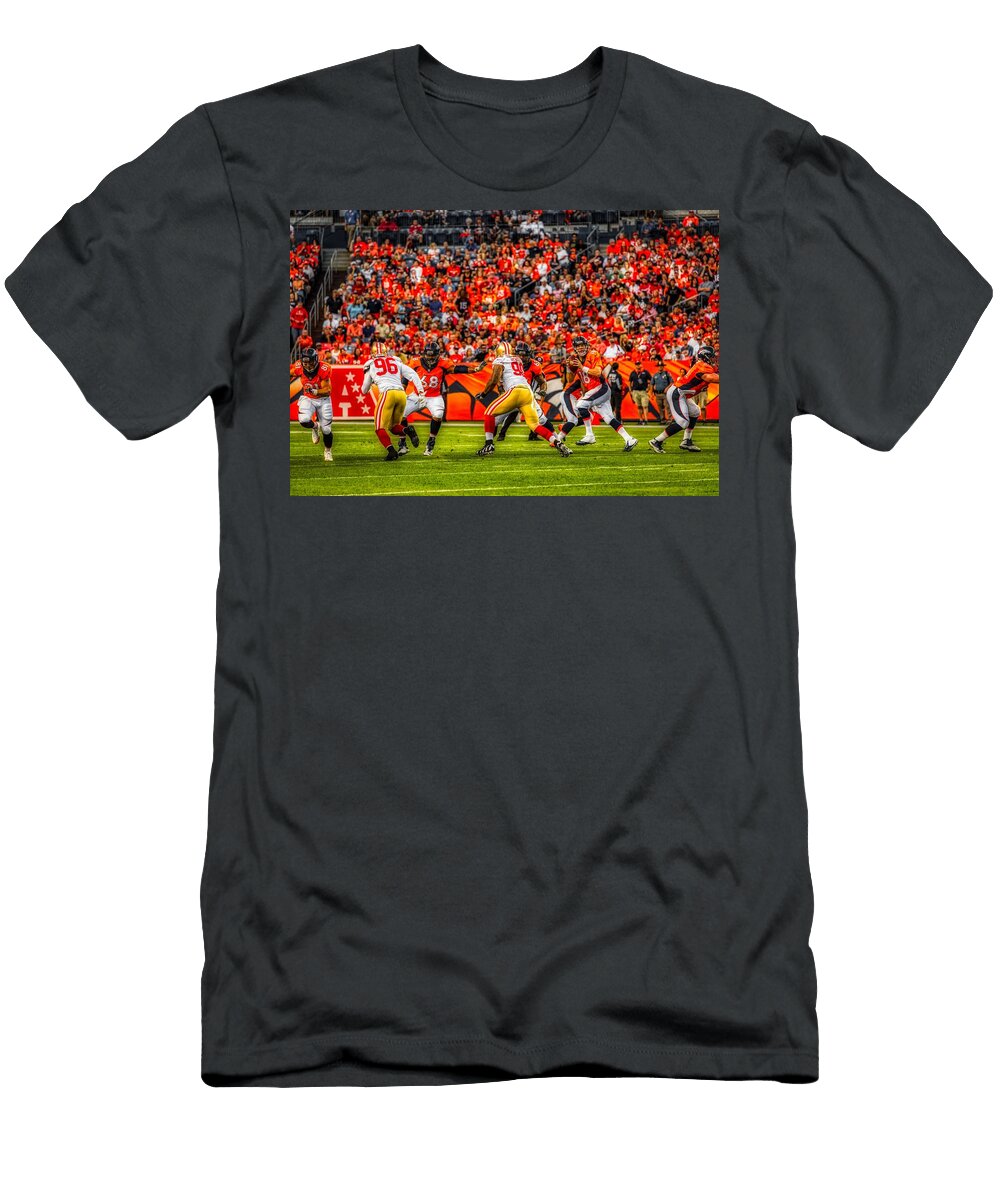 1 Peyton Manning Dropping Back to Pass Mountain Dreams T-Shirt