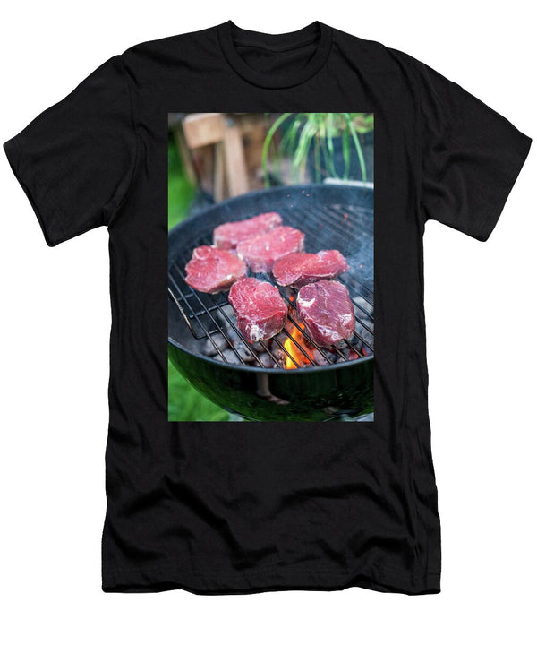 1 Raw Beef Loin Steaks on a Barbecue Sebastian Schollmeyer T-Shirt