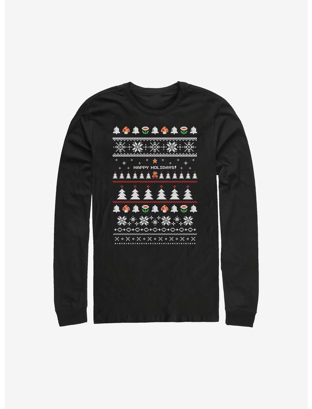 Super Mario Happy Holidays Christmas Pattern Long-Sleeve T-Shirt