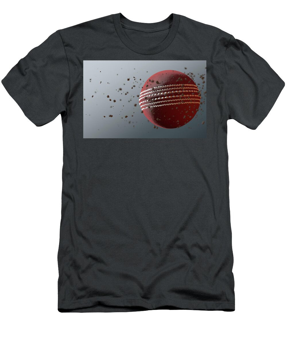 2 a Dirty White Leather Cricket Ball Caught in Slow Motion Flying Through the Air Scattering Dirt Part Allan Swart T-Shirt