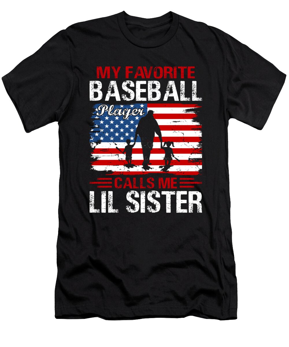 3 My Favorite Baseball Player Calls Me Lil Sister Baseball USA Flag Dhbubble T-Shirt