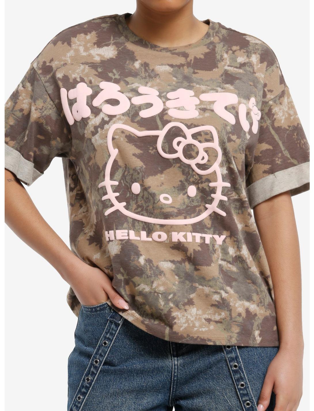 Hello Kitty Camo Pink Puff Print Boyfriend Fit Girls T-Shirt