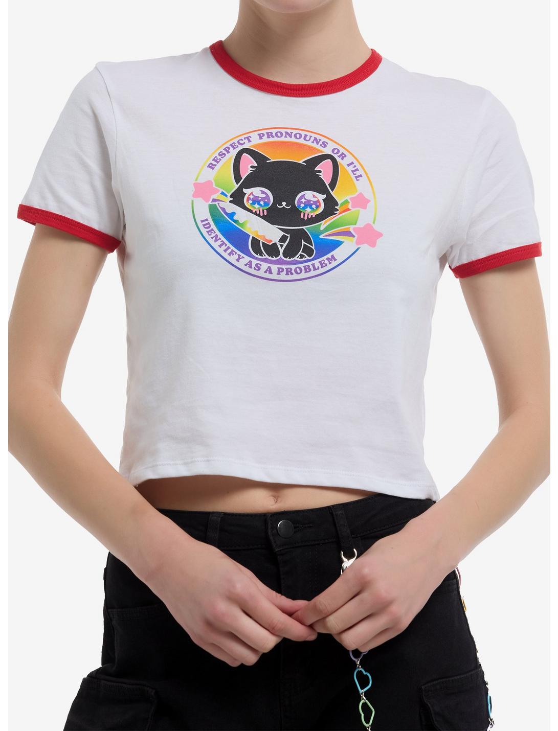 Respect Pronouns Cat Girls Baby Ringer T-Shirt By Goodie Two Sleeves