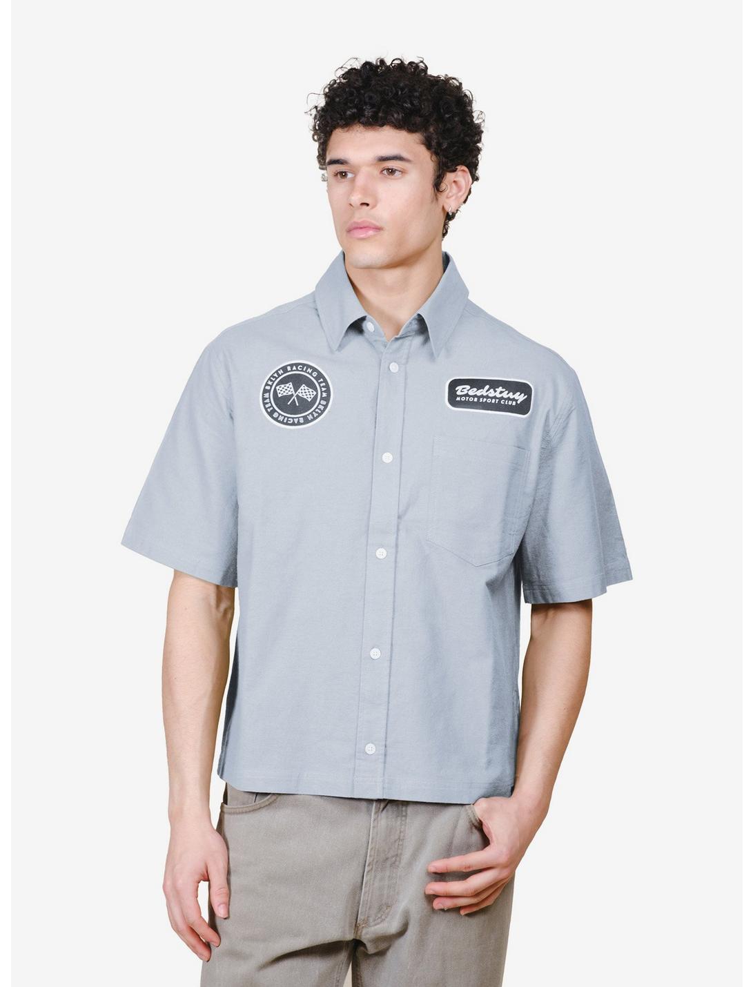 Cropped Bedstuy Motor Club Button-Up Shirt Blue