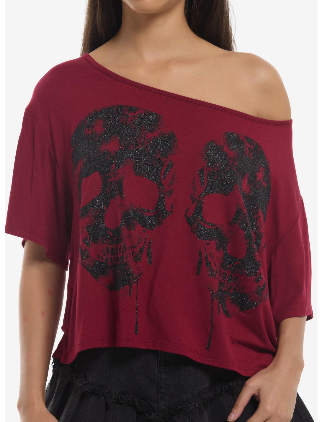 Maroon & Black Glitter Skull Girls Off-Shoulder T-Shirt
