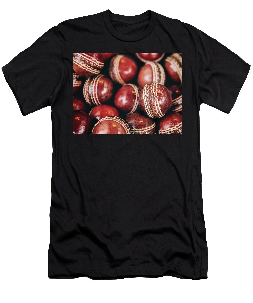 A Background of Vintage Red Leather Cricket Balls with White Sti Jane Rix T-Shirt