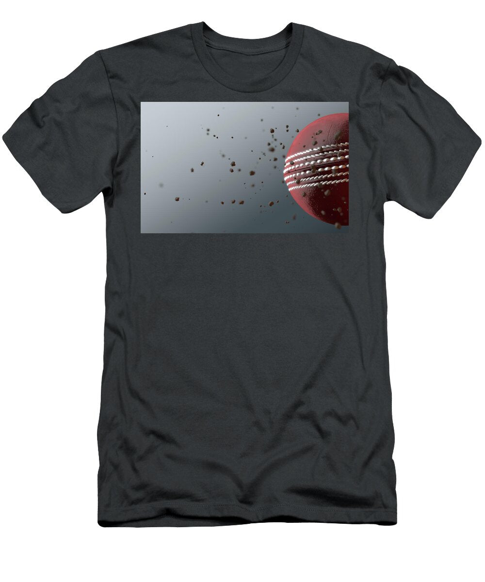 A Dirty Red Leather Cricket Ball Caught in Slow Motion Flying Through the Air Scattering Dirt Partic Allan Swart T-Shirt