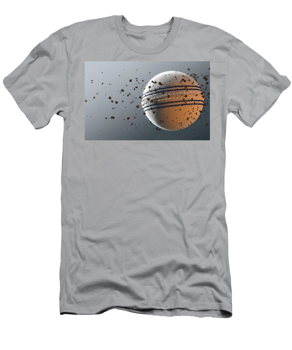 A Dirty White Leather Cricket Ball Caught in Slow Motion Flying Through the Air Scattering Dirt Part Allan Swart T-Shirt