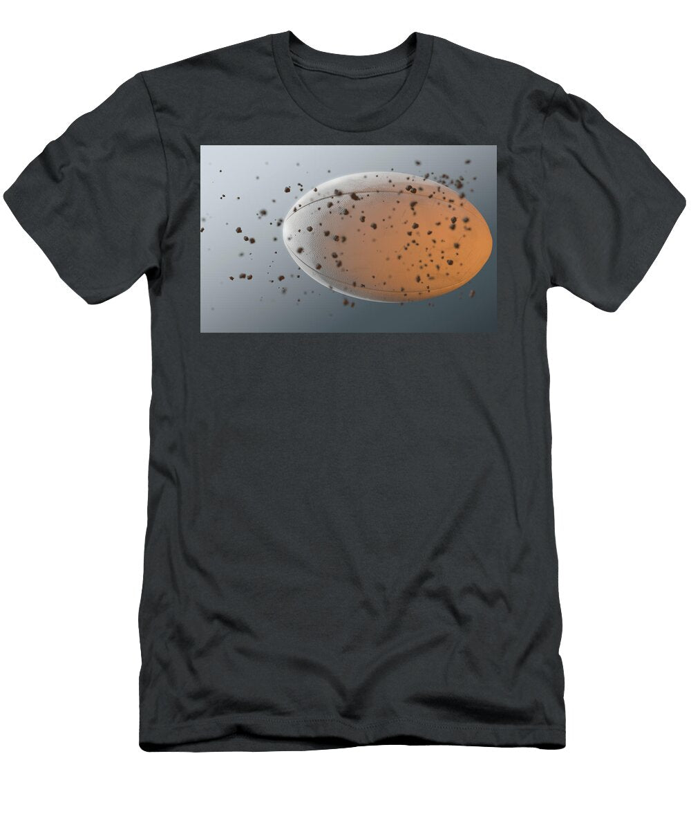A Dirty White Rugby Ball Caught in Slow Motion Flying Through the Air Scattering Dirt Particles in I Allan Swart T-Shirt