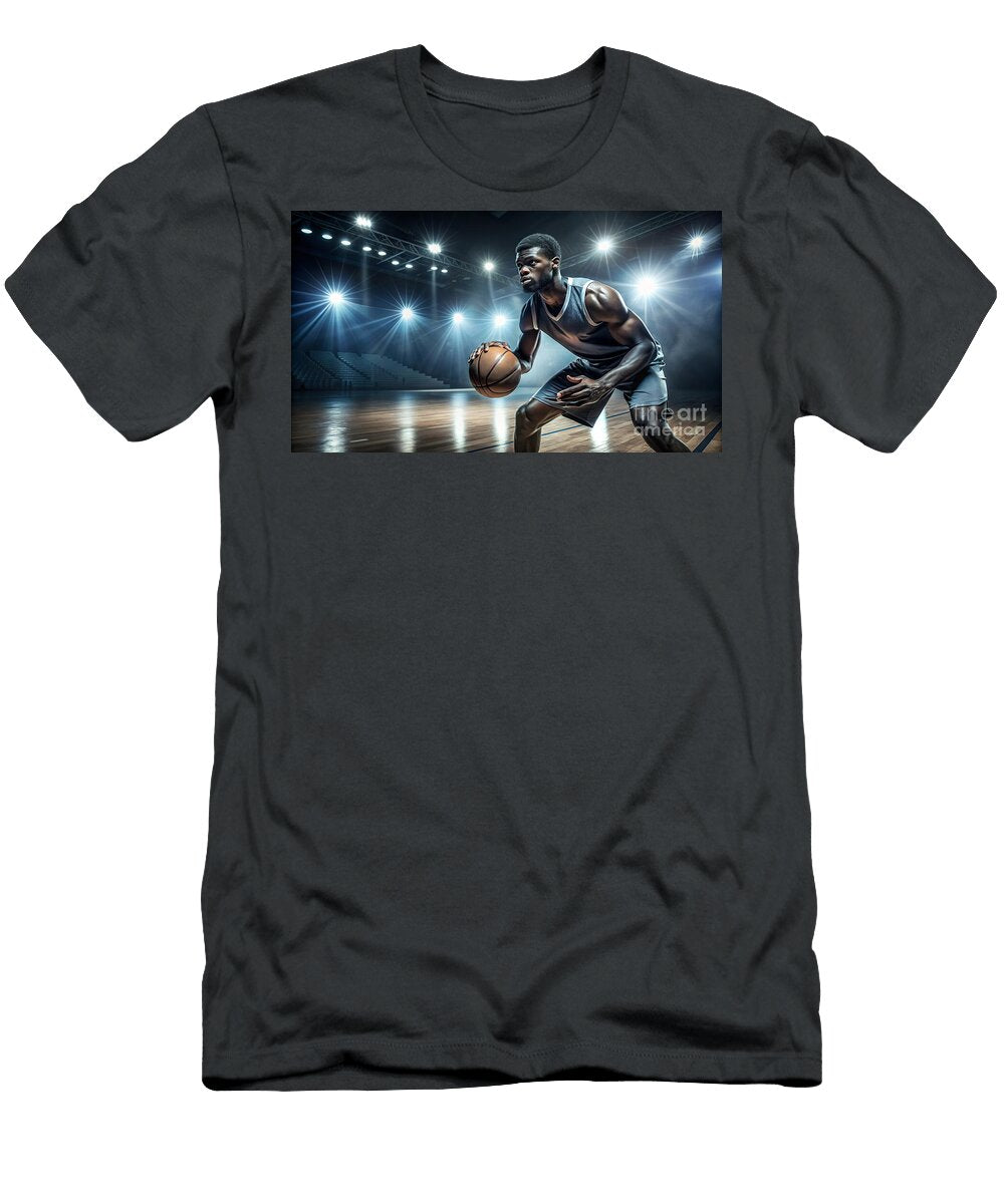 A Focused Basketball Player Is Dribbling on an Indoor Court Gazing Intently Likely Assessing His Odon Czintos T-Shirt