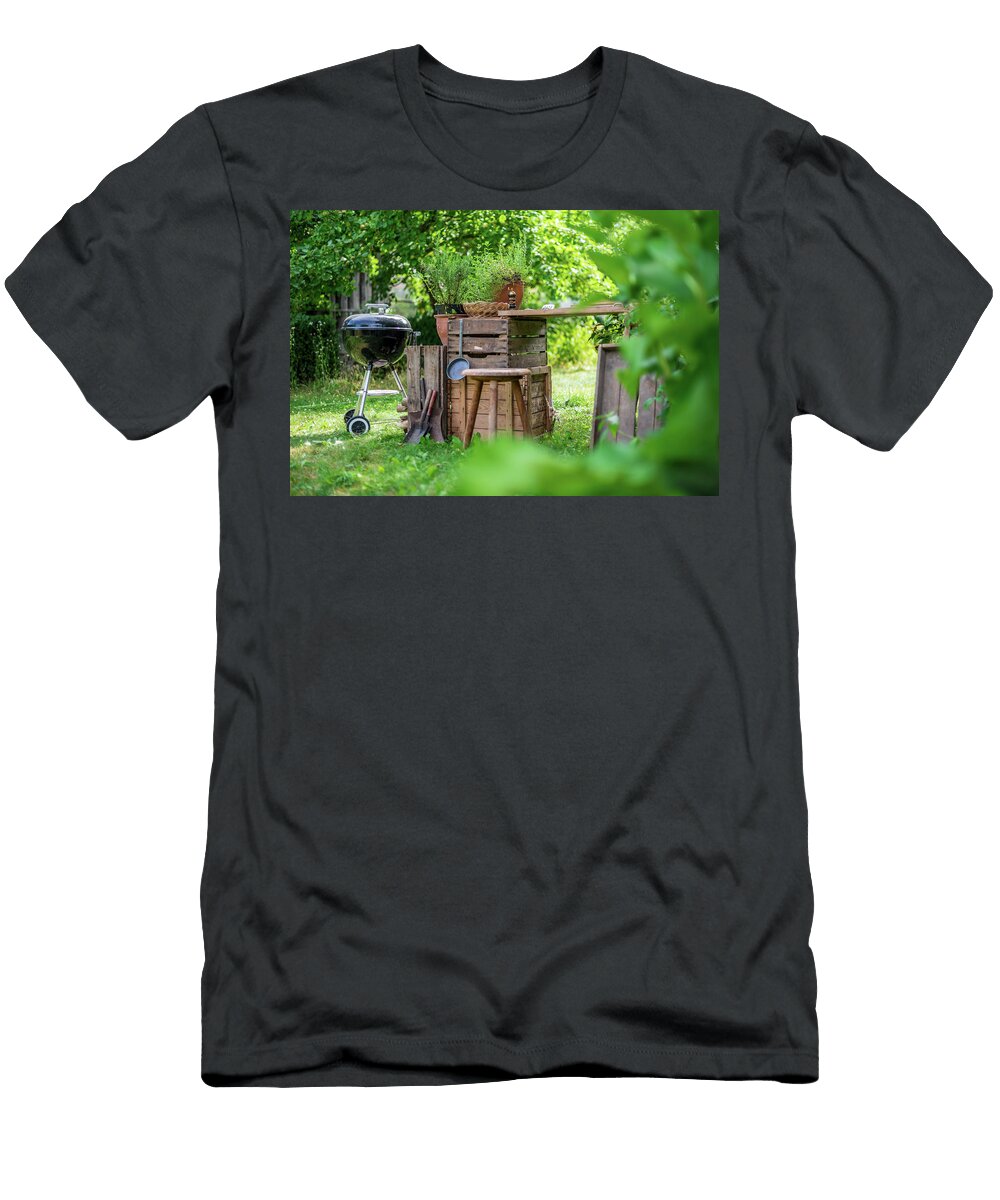 A Garden Kitchen with a Round Grill in a Summer Garden Sebastian Schollmeyer T-Shirt