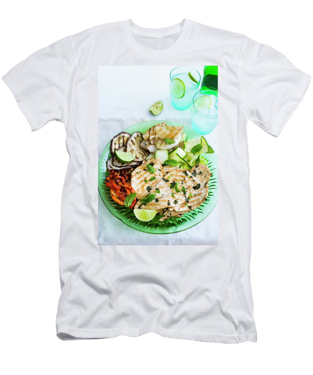 A Green Plate Containing Mint Marinade Grilled Chicken Ribboned Zucchini Salad and Grilled Vegetables Maricruz Avalos Flores T-Shirt
