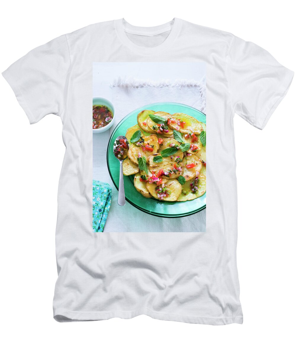 A Green Plate with Slices of Grilled Potatoes with Mint and Chilli Sauce Garnished with Mint Leaves Maricruz Avalos Flores T-Shirt