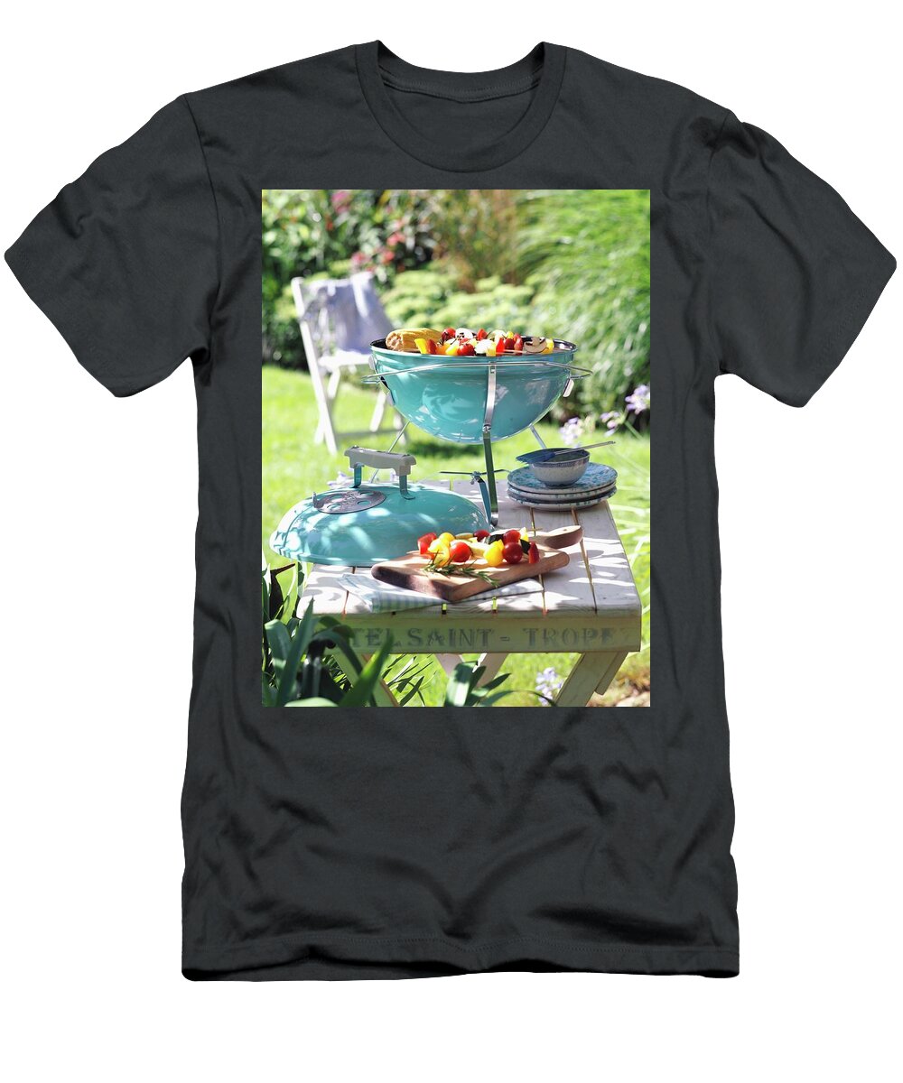 A Portable Barbecue on a Wooden Table in a Summer Garden Kramp Glling Jalag T-Shirt