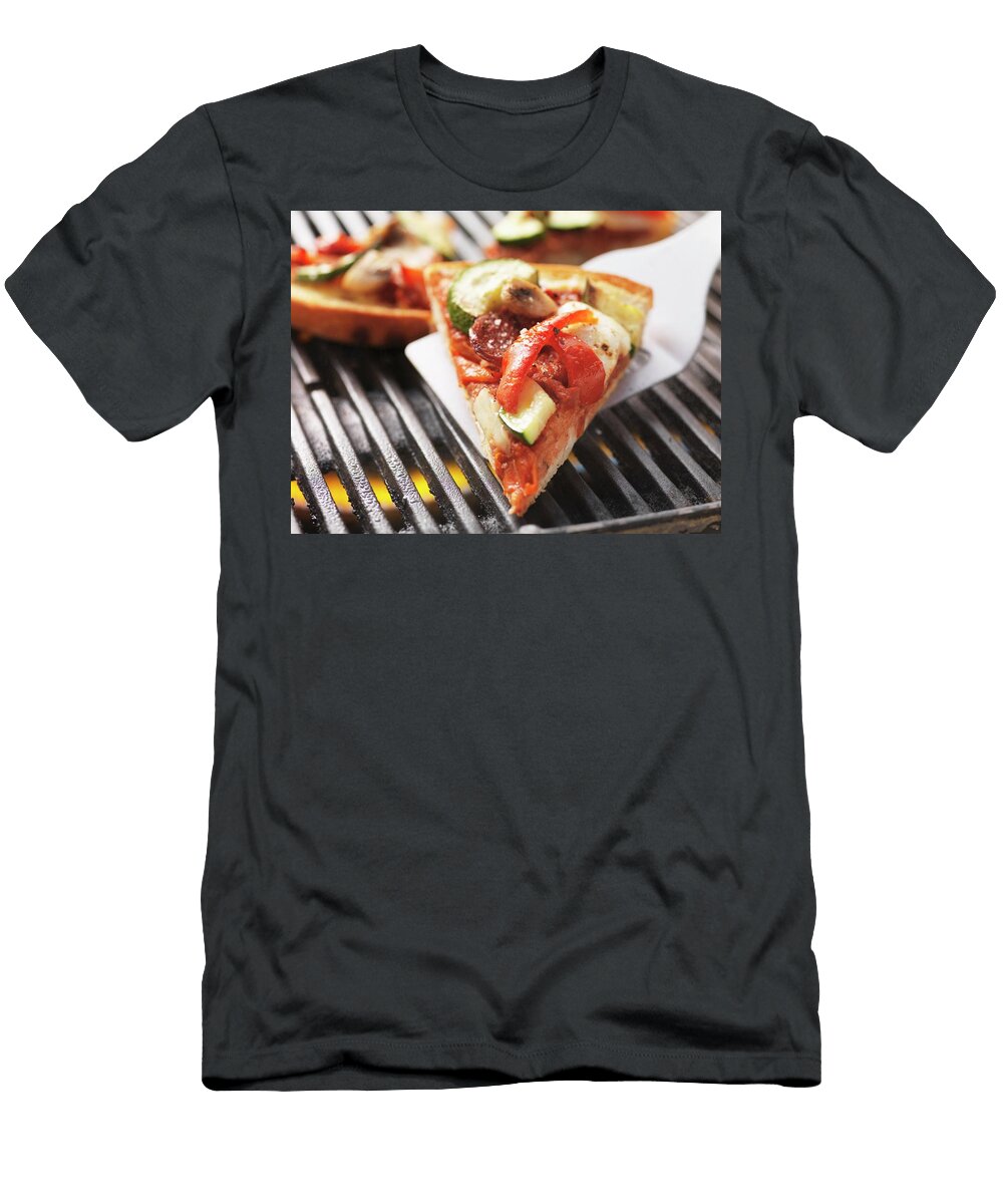A Slice of Pizza Cooked on the Barbecue on a Spatula Eising Studio Food Photo Video T-Shirt