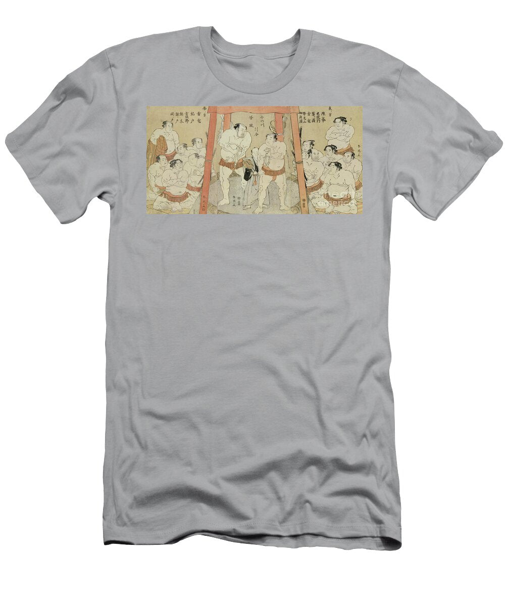 A Triptych Showing a Draw in the Bout Between Onogawa and Tanikaze Woodblock Print on Paper Katsukawa Shunei T-Shirt