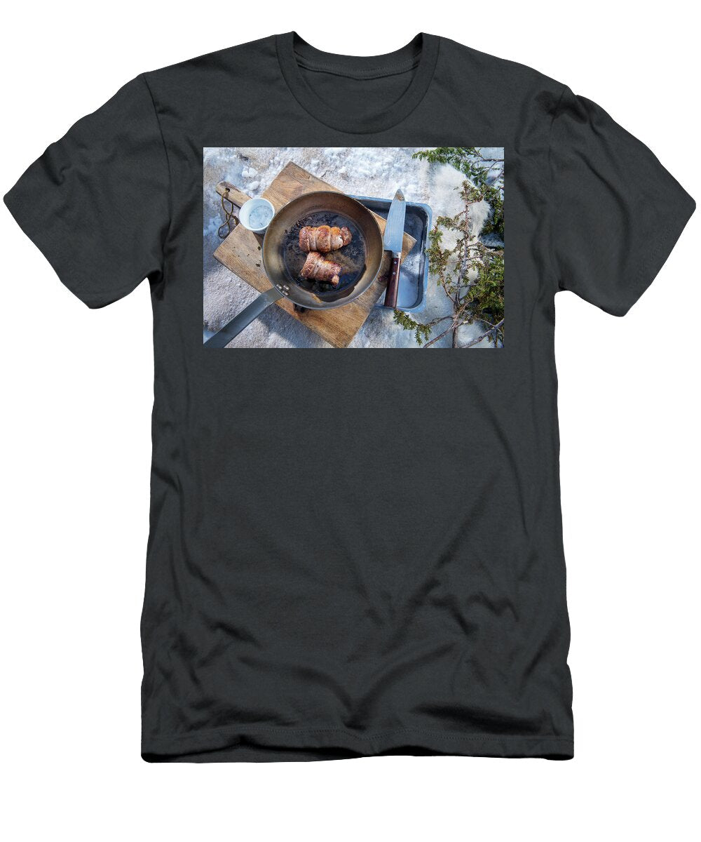 A Winter Barbecue Elk Roulade in a Pan in the Snow Norway Lode Greven Photography T-Shirt