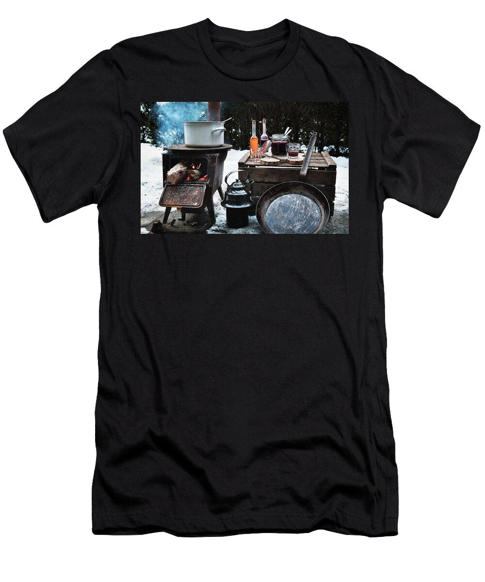 A Winter Barbecue with a Rustic Wood Fired Oven and Utensils in the Snow Lode Greven Photography T-Shirt