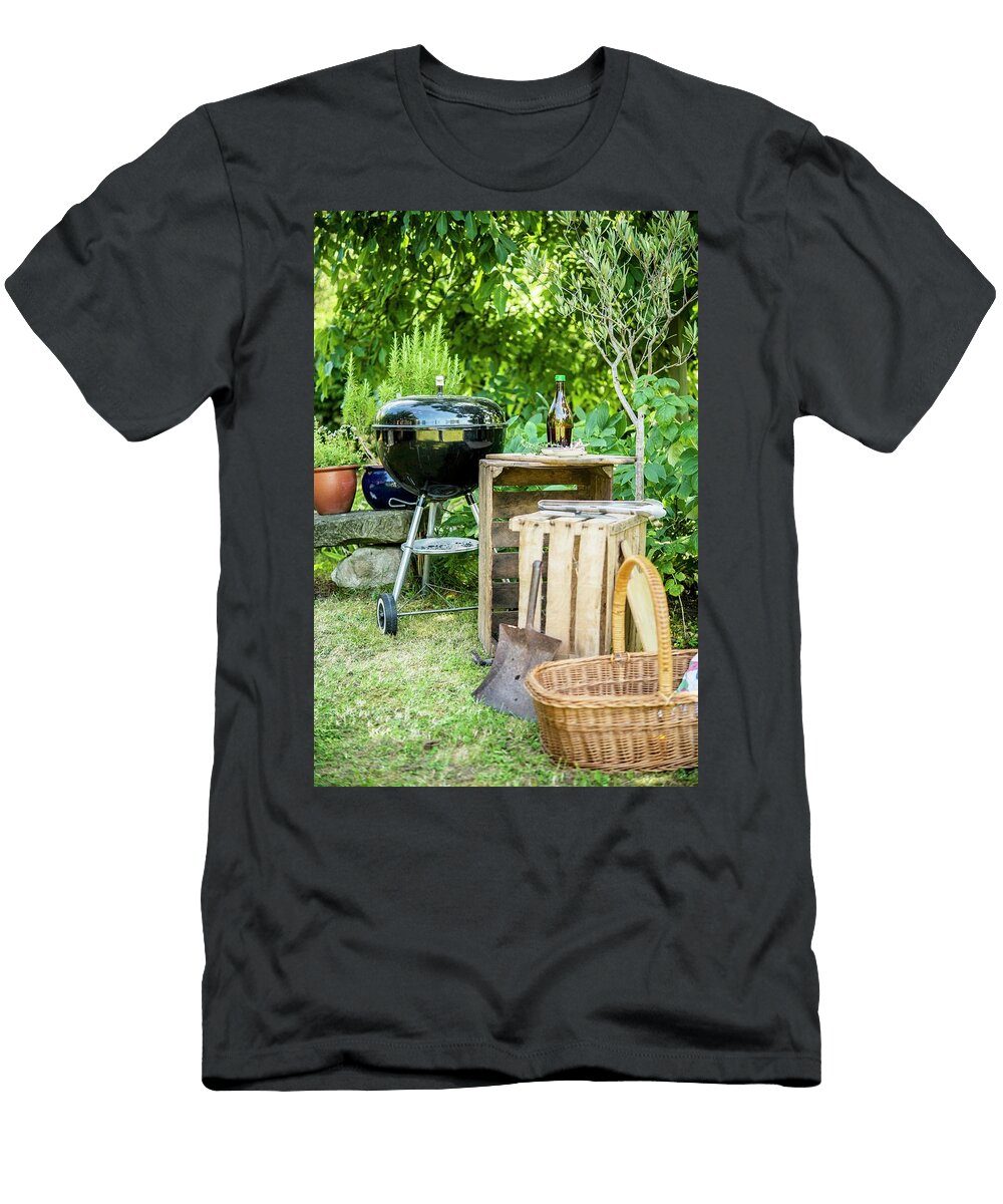 A Wooden Charcoal Grill Wooden Boxes and a Basket in a Garden Sebastian Schollmeyer T-Shirt