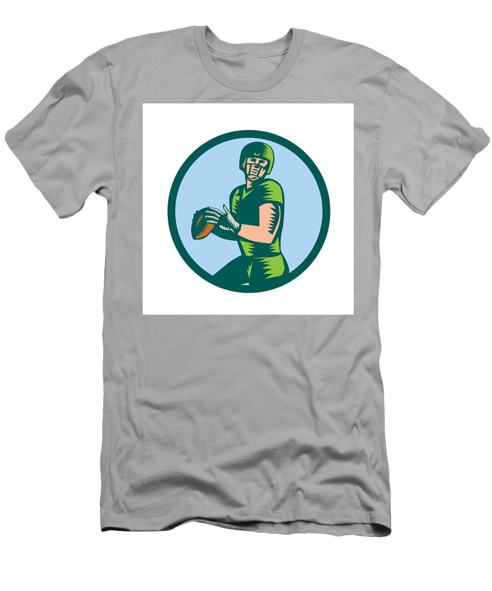 American Football Qb Throwing Circle Woodcut Aloysius Patrimonio T-Shirt