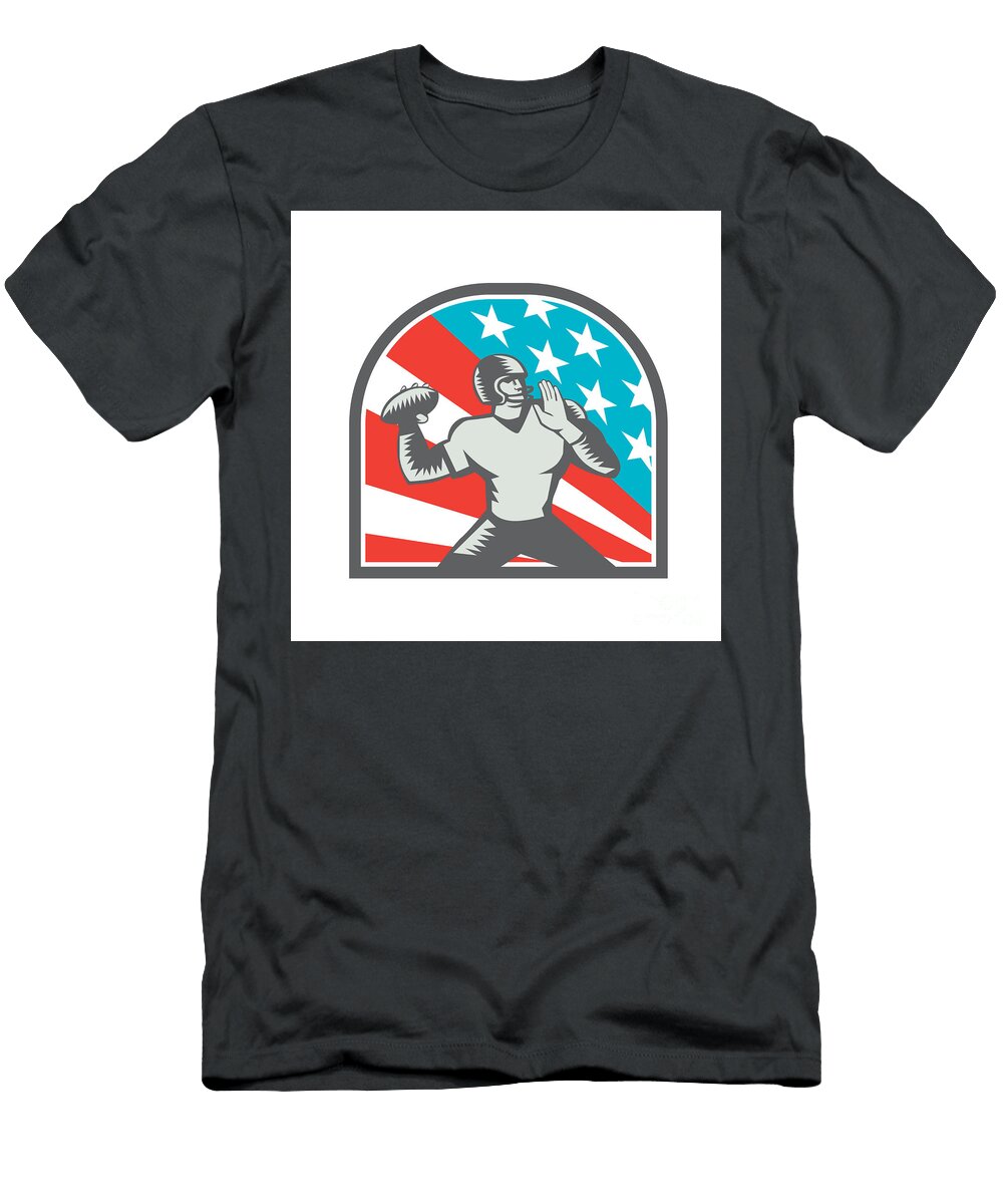 American Football Quarterback Qb USA Flag Woodcut Aloysius Patrimonio T-Shirt