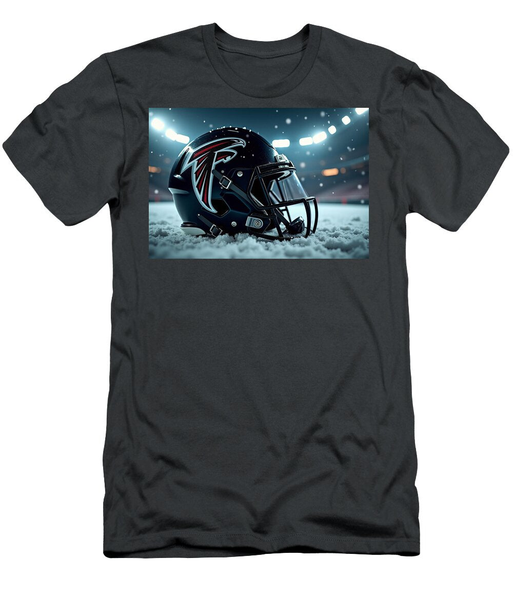Atlanta Falcons Football Helmet on Snowy Field Kevin Walker and Pixel Reverie T-Shirt
