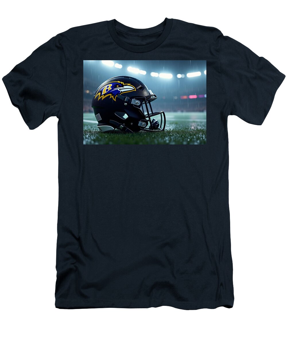 Baltimore Ravens Football Helmet in Rain Kevin Walker and Pixel Reverie T-Shirt