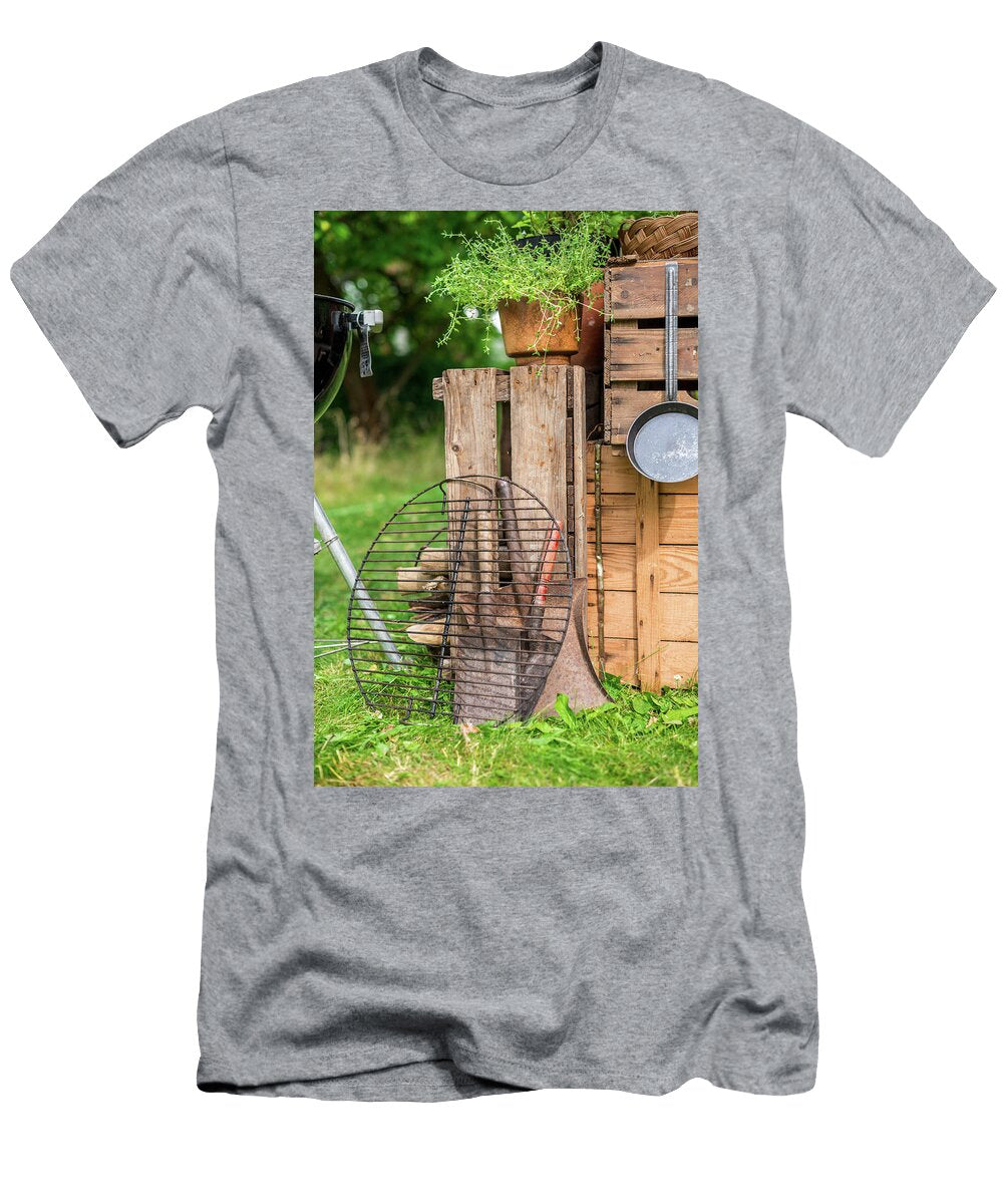 Barbecue Grille Next to Outdoor Kitchen Made From Wooden Crated in Summery Garden Sebastian Schollmeyer T-Shirt