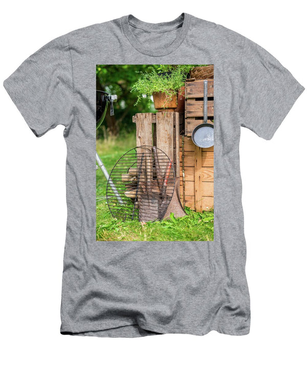 Barbecue Grille Next to Outdoor Kitchen Made From Wooden Crated in Summery Garden Sebastian Schollmeyer T-Shirt