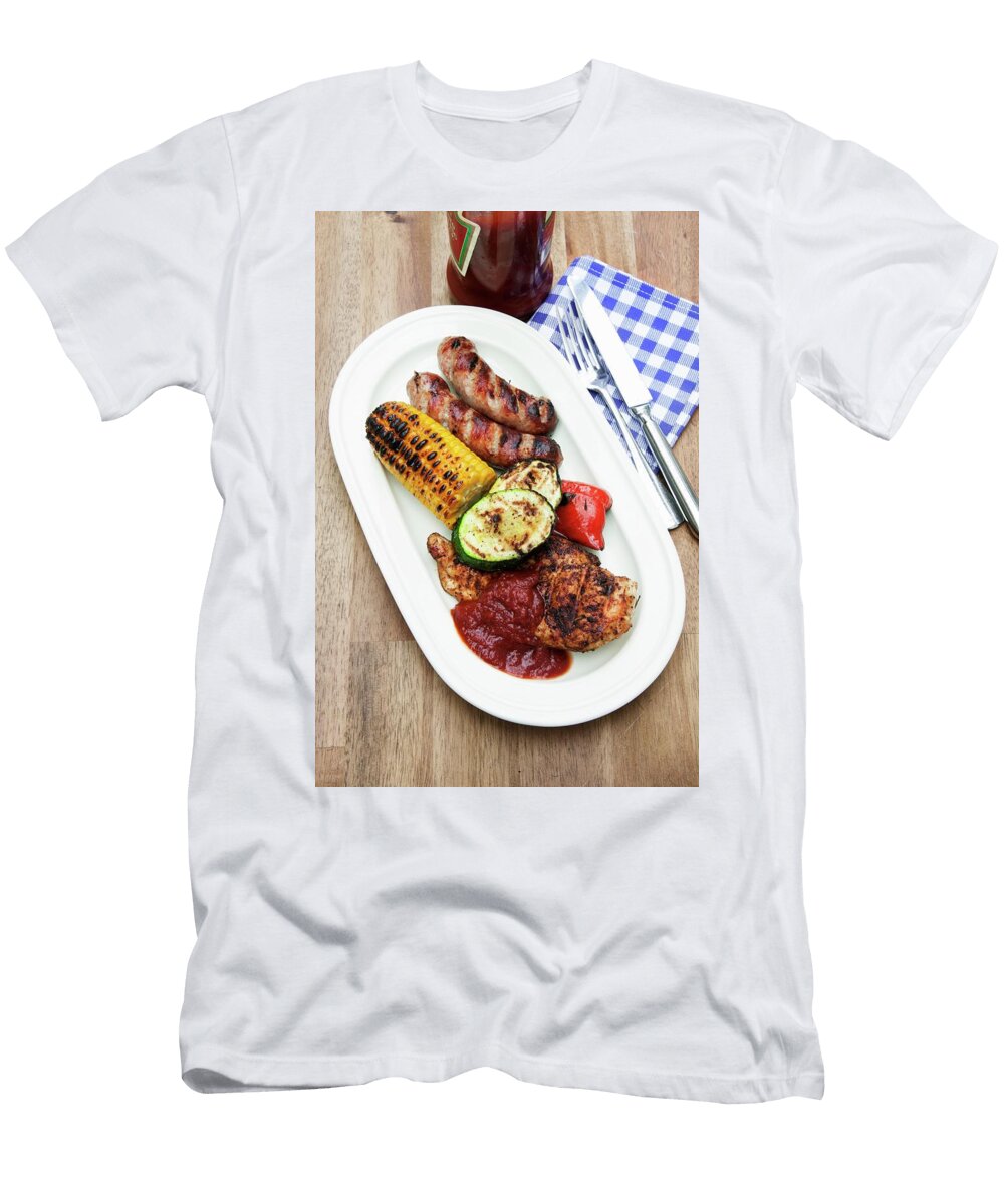 Barbecued Food on an Oval Platter Pork Steak Sausages and Grilled Vegetables Food Experts Group T-Shirt