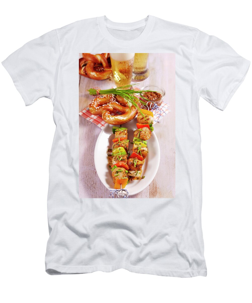 Bavarian White Sausage and Vegetables Skewers with a White Beer Marinade Mustard Vegetables Pretzel and Chives Teubner Foodfoto T-Shirt