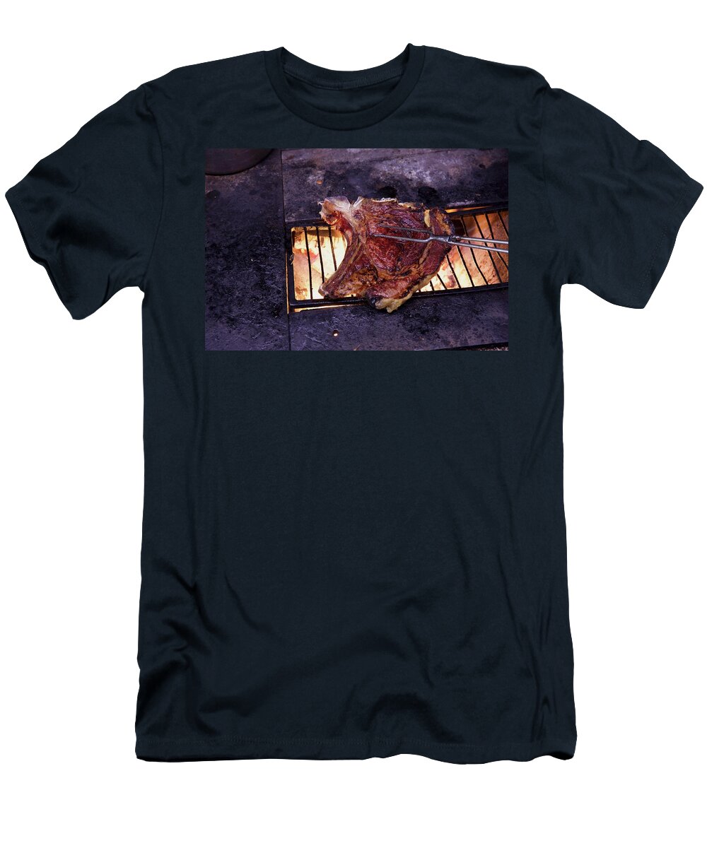 Beef Steak on a Grill with a Meat Fork Hugh Johnson T-Shirt