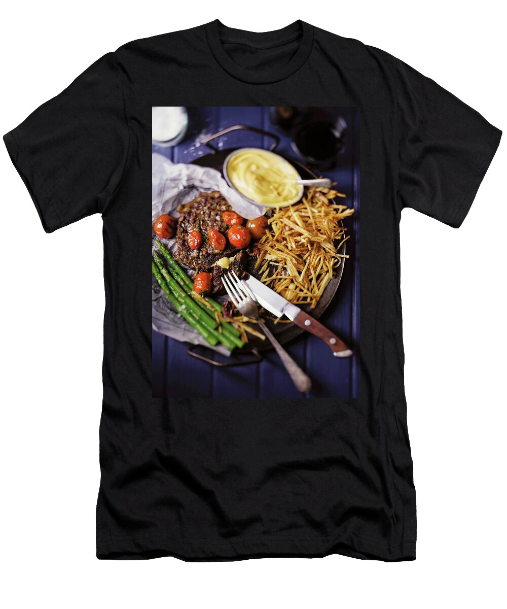 Beefsteak with Bearnaise Sauce Green Asparagus and Potatoes Straw Great Stock T-Shirt