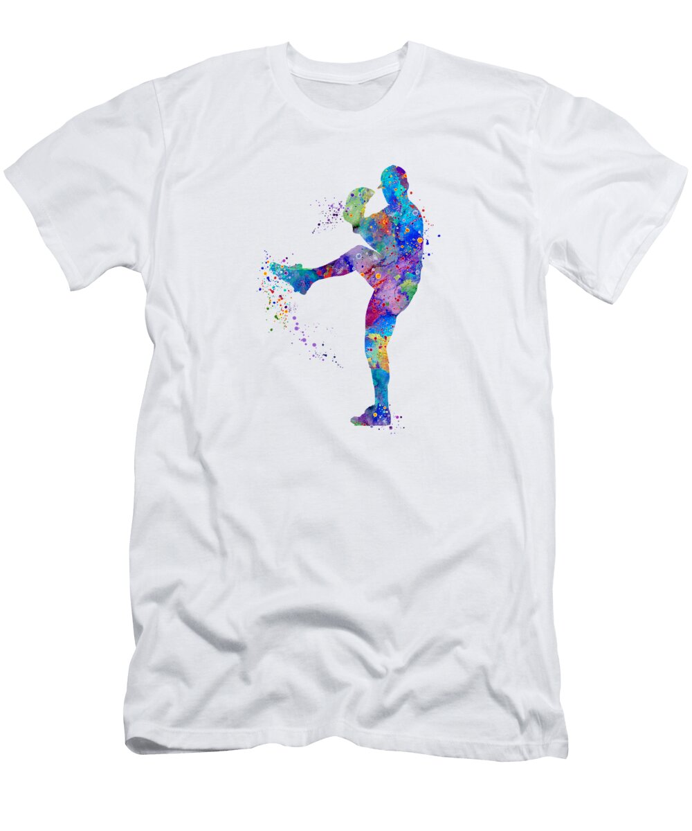 Boy Baseball Softball Pitcher Watercolor Art White Lotus T-Shirt