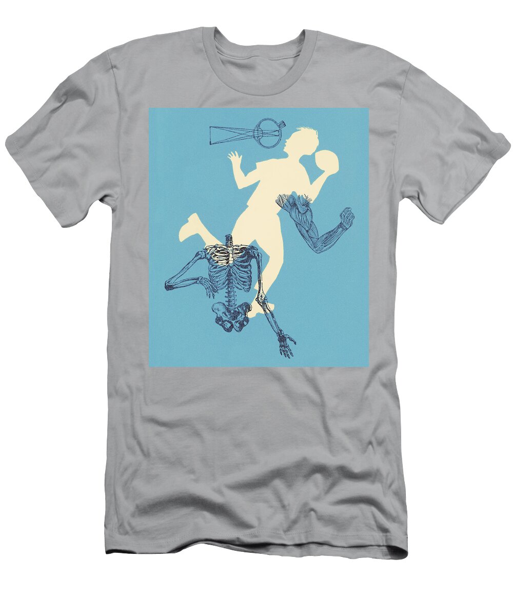 Boy Playing Football with Muscles and Bones Csa Images T-Shirt