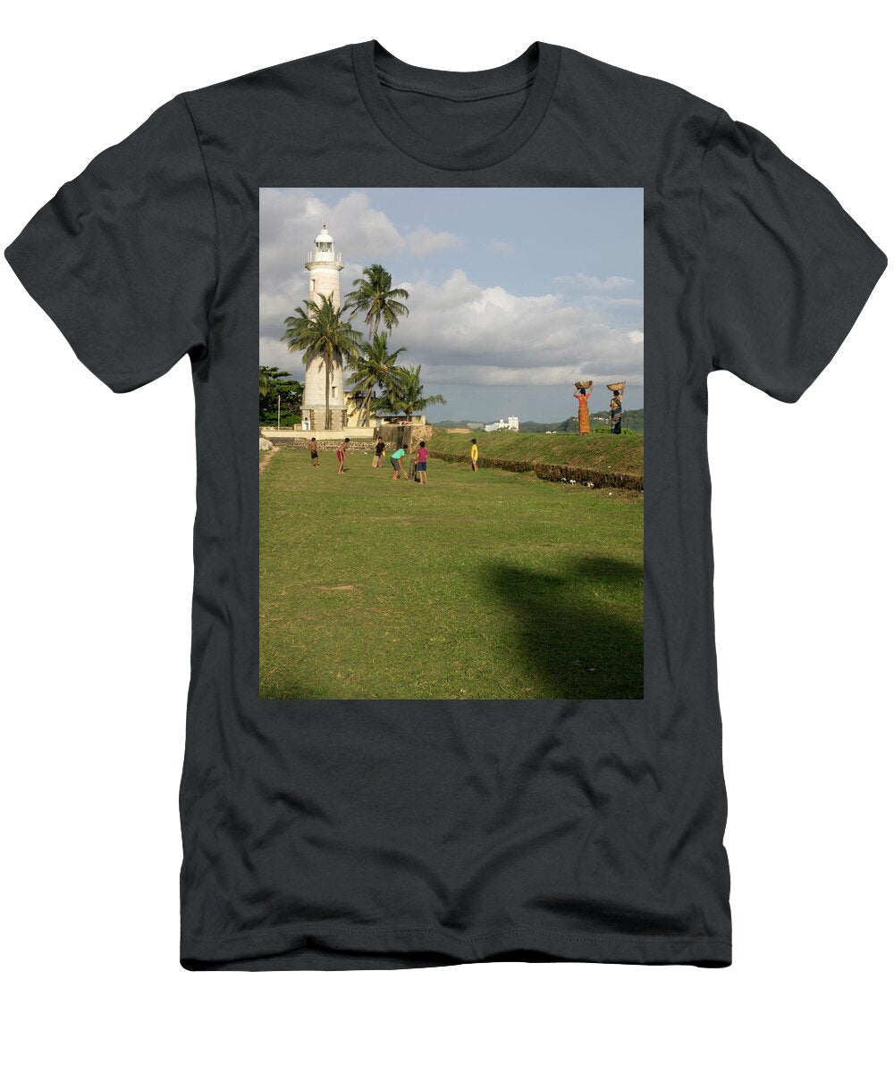 Boys Playing Cricket Galle Lighthouse Panoramic Images T-Shirt