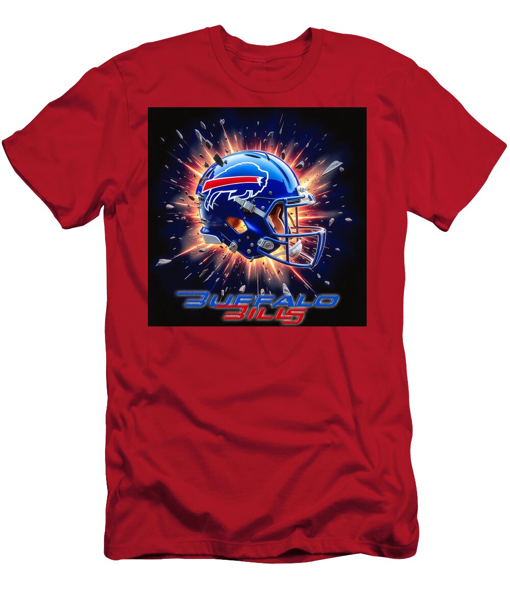 Buffalo Bills Helm Exploding Background Kevin Walker and Pixel Reverie T-Shirt