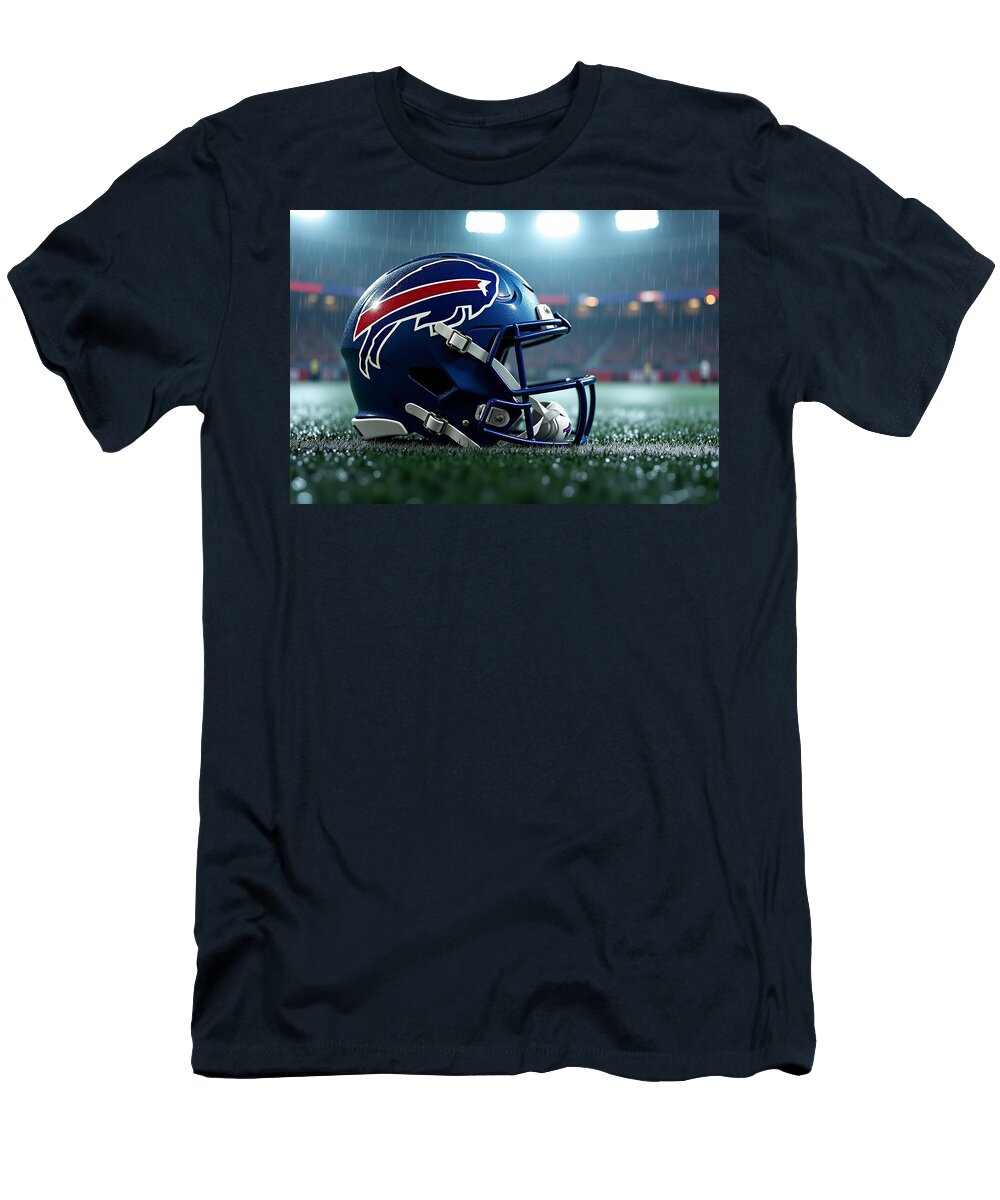 Buffalo Bills Helmet on Rainy Field Kevin Walker and Pixel Reverie T-Shirt