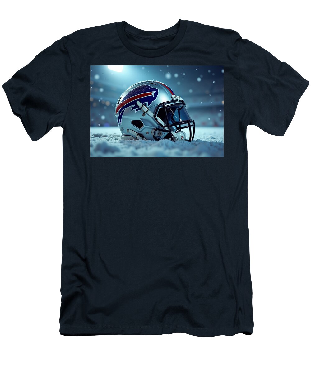 Buffalo Bills Logo Football Helmet in Snow Kevin Walker and Pixel Reverie T-Shirt