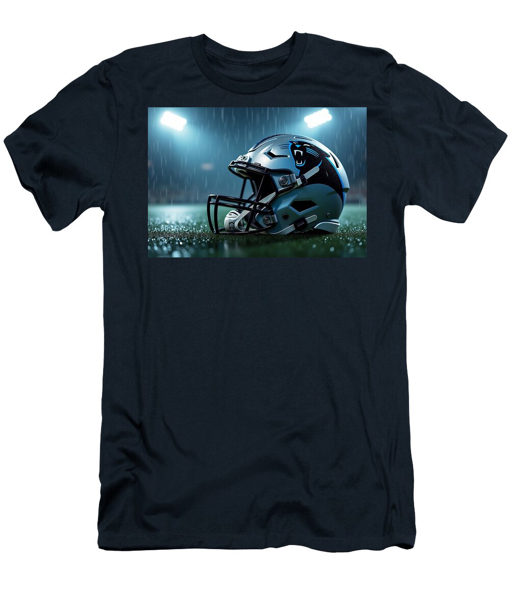Carolina Panthers Football Helmet in Rain Kevin Walker and Pixel Reverie T-Shirt