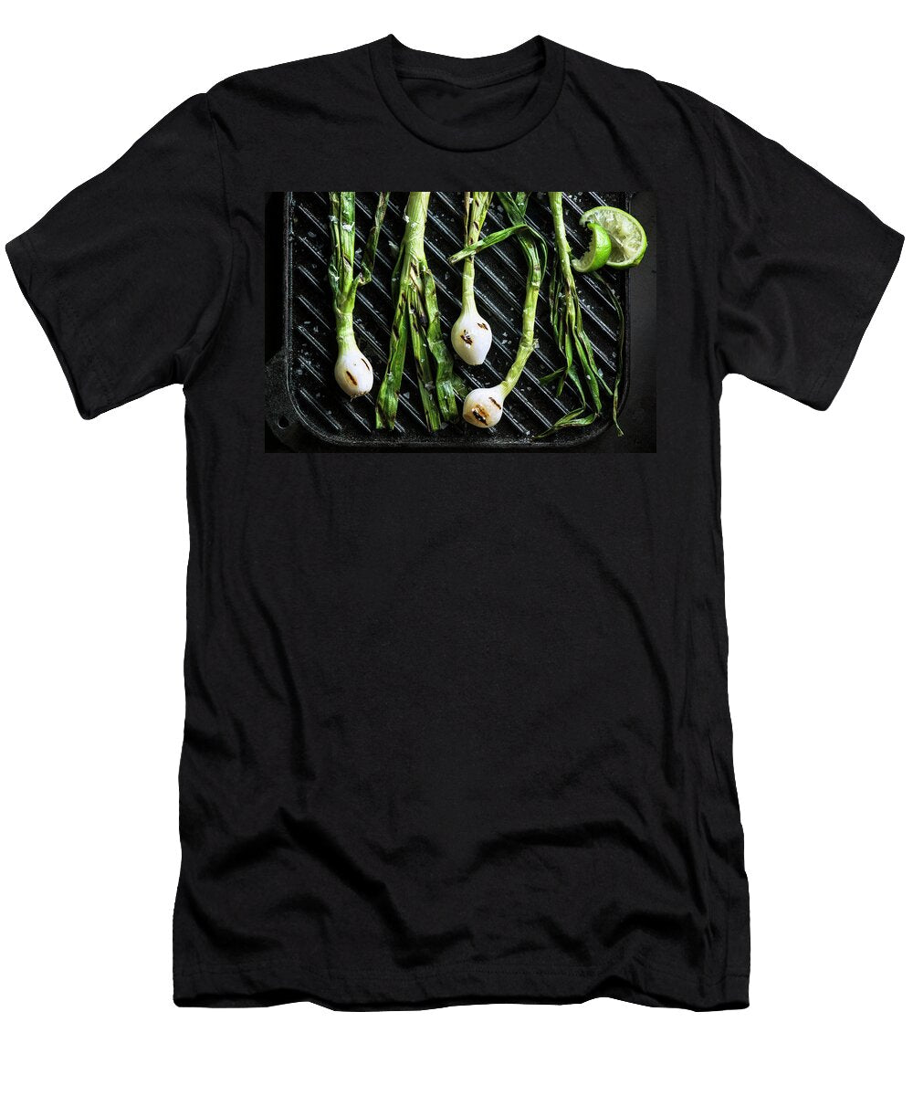 Cebollitas Grilled Green Onion Bulbs on Csat Iron Griddle with Squeezed Lime Justin B Paris T-Shirt