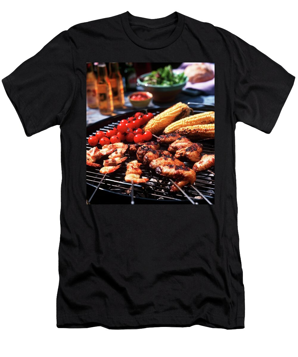 Chicken Wings Prawn Skewers Baby Sweetcorn and Tomatoes on the Barbecue Grill Streeter Clive T-Shirt
